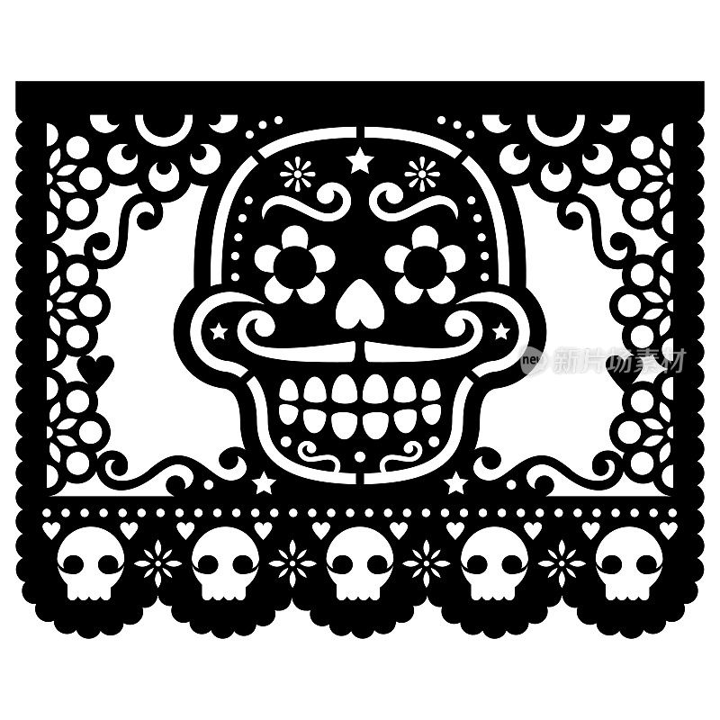 墨西哥糖骷髅矢量纸装饰- Papel Picado黑色设计的万圣节，Dia de Los Muertos，亡灵节